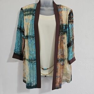 Vtg Womens Sz 14WP Blouse Open Front Sheer Anna Maxwell Belt Aztec Whimsigoth